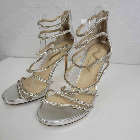 Nina Womens Heels Size 10 Silver Rhinestone Strappy Gladiator Back Zip - Picture 8 of 12